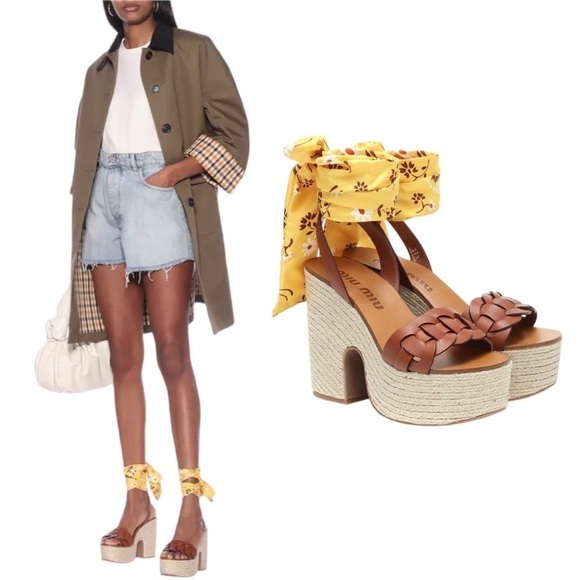Miu Miu | NWOB Leather Platform Sandals with Yellow Ankle Straps - Size IT 40 - Picture 1 of 9